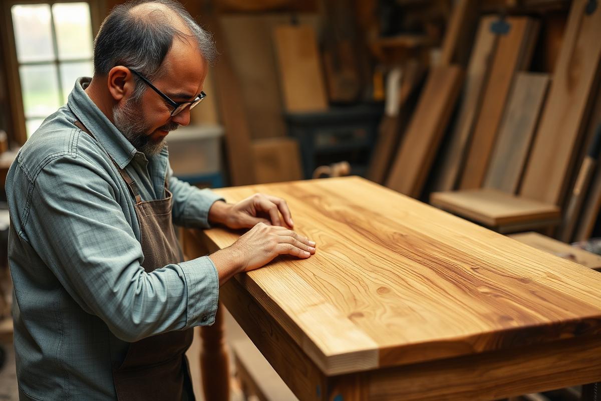 Artisan hand-finishing a solid wood furniture piece in the workshop