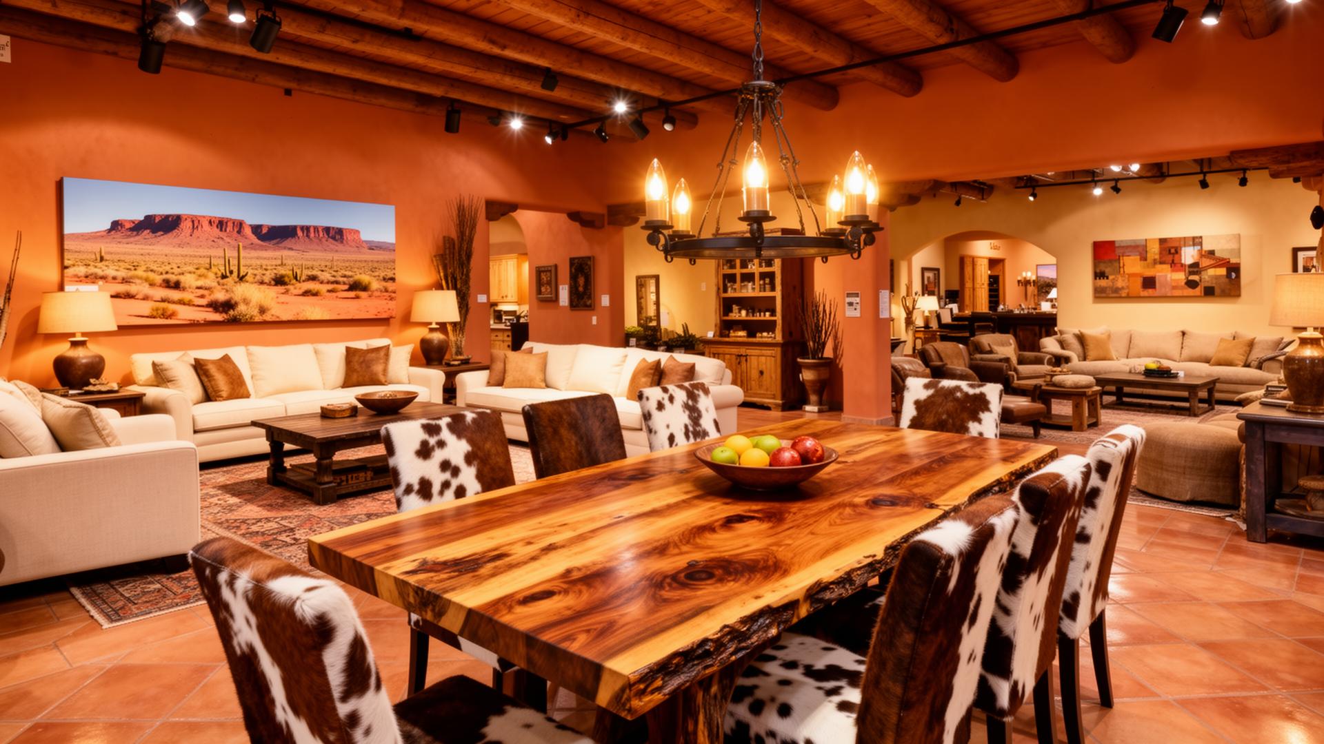 Rustic southwestern furniture showroom with a handcrafted wood dining table and cowhide chairs in El Paso